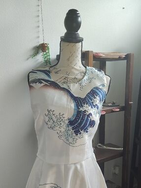 Skirt And Shirt Set with Blue Wave Print